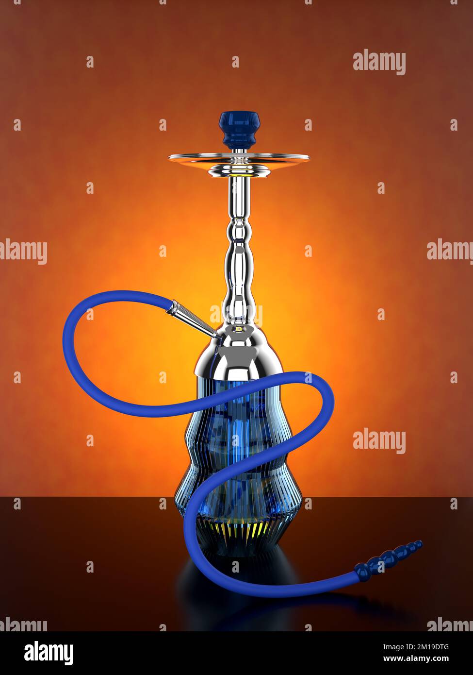 Indian or Arabic Blue Hookah or Sheesha with Orange Background. 3D