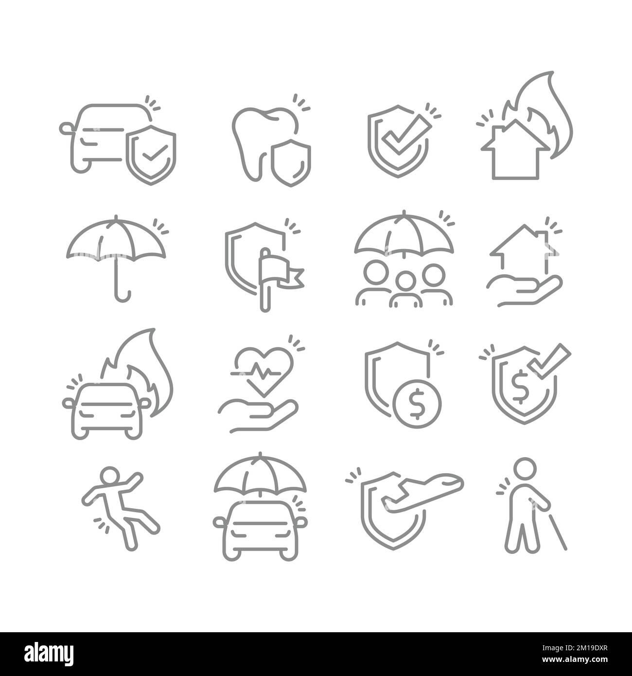 Property, life and health insurance vector icon set. Breakdown cover, home and dental cover outlined icons. Stock Vector