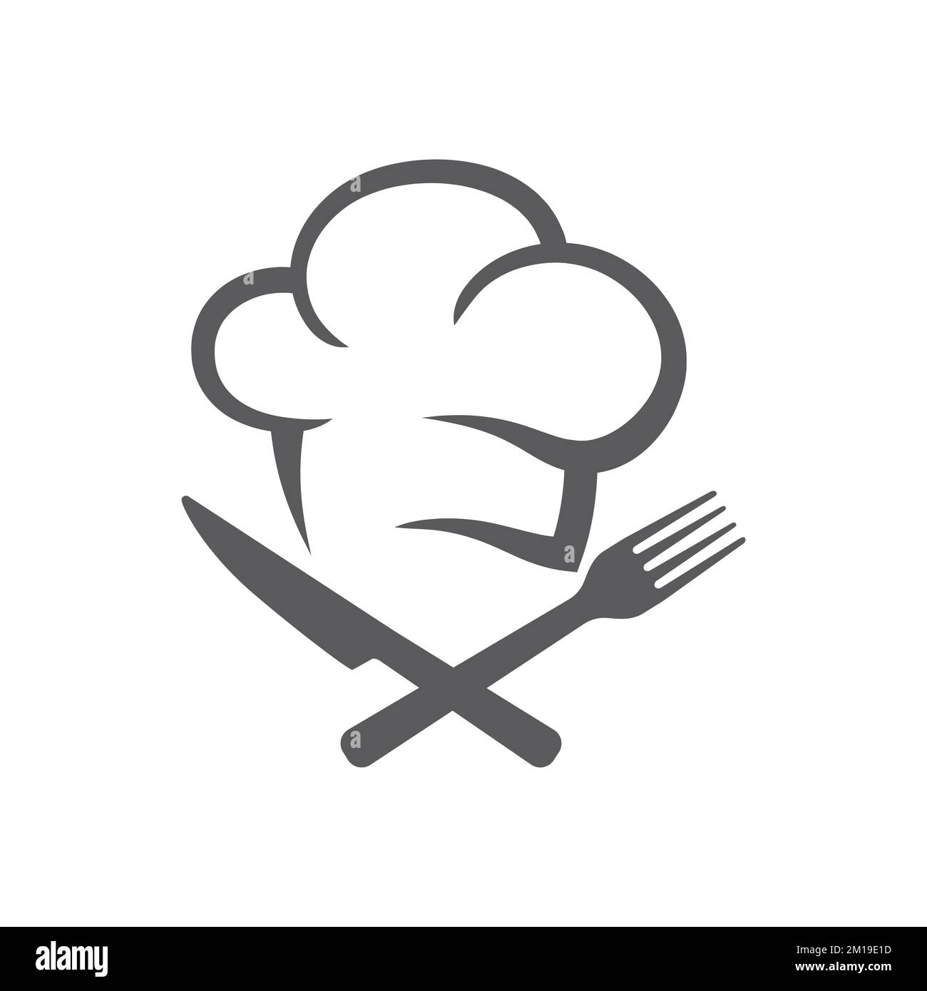 Restaurant logo, food symbol with chef cap. Crossed kitchen knife and