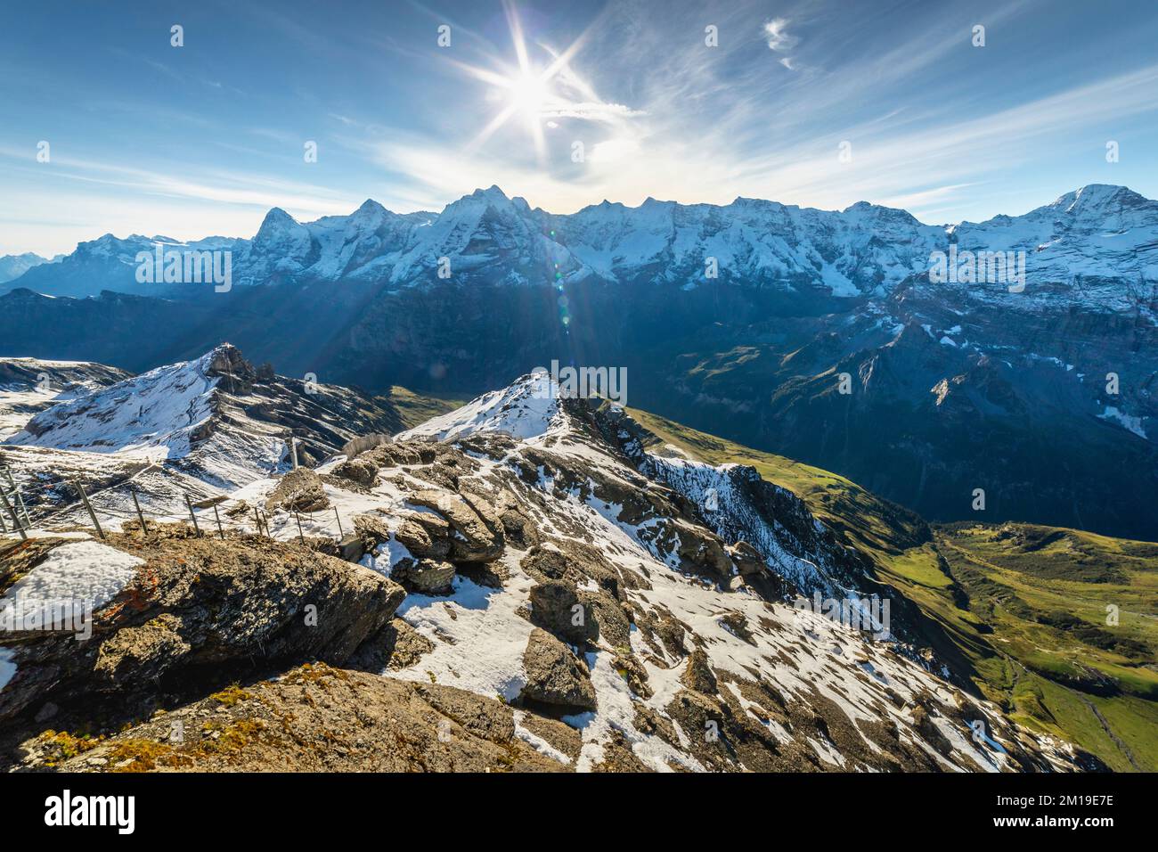 Top of the Schilthorn and view of Bernese Swiss alps, Switzerland Stock Photo