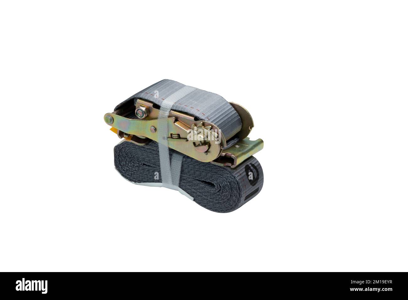 A scroll of gray cargo straps to tie cars with stainless buckles