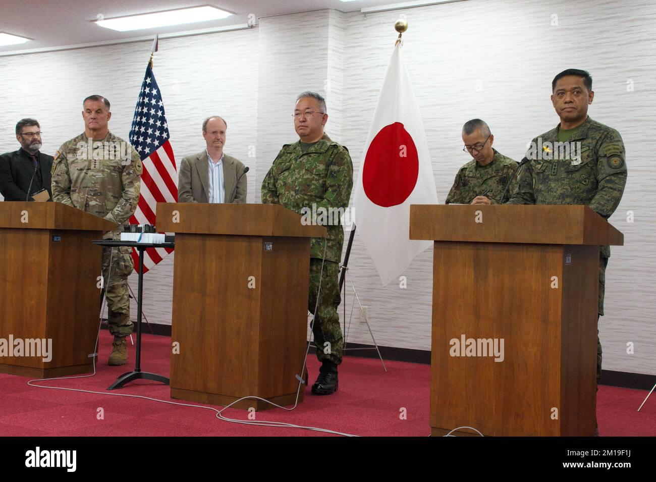 Tokyo, Japan. 11th Dec, 2022. (L-R)Commander, U.S. Pacific Command Commander, Gen. Charles A. Flynn, Japan's Chief of Staff of Ground Self?Defense Force, Gen. Yoshihide Yoshida and Philippine Army, Commander, Lit Gen Romeo S. Brawner Jr attend the Japan-U.S.-Philippines Military High-Level Joint Press Conference at Camp Asaka in Tokyo, Japan on Sunday, December 11, 2022. Photo by Keizo Mori/UPI Credit: UPI/Alamy Live News Stock Photo