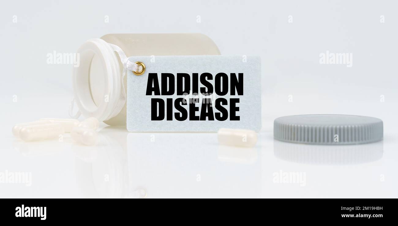 Addison Medication Medicine and health concept. On a white reflective background, there ...