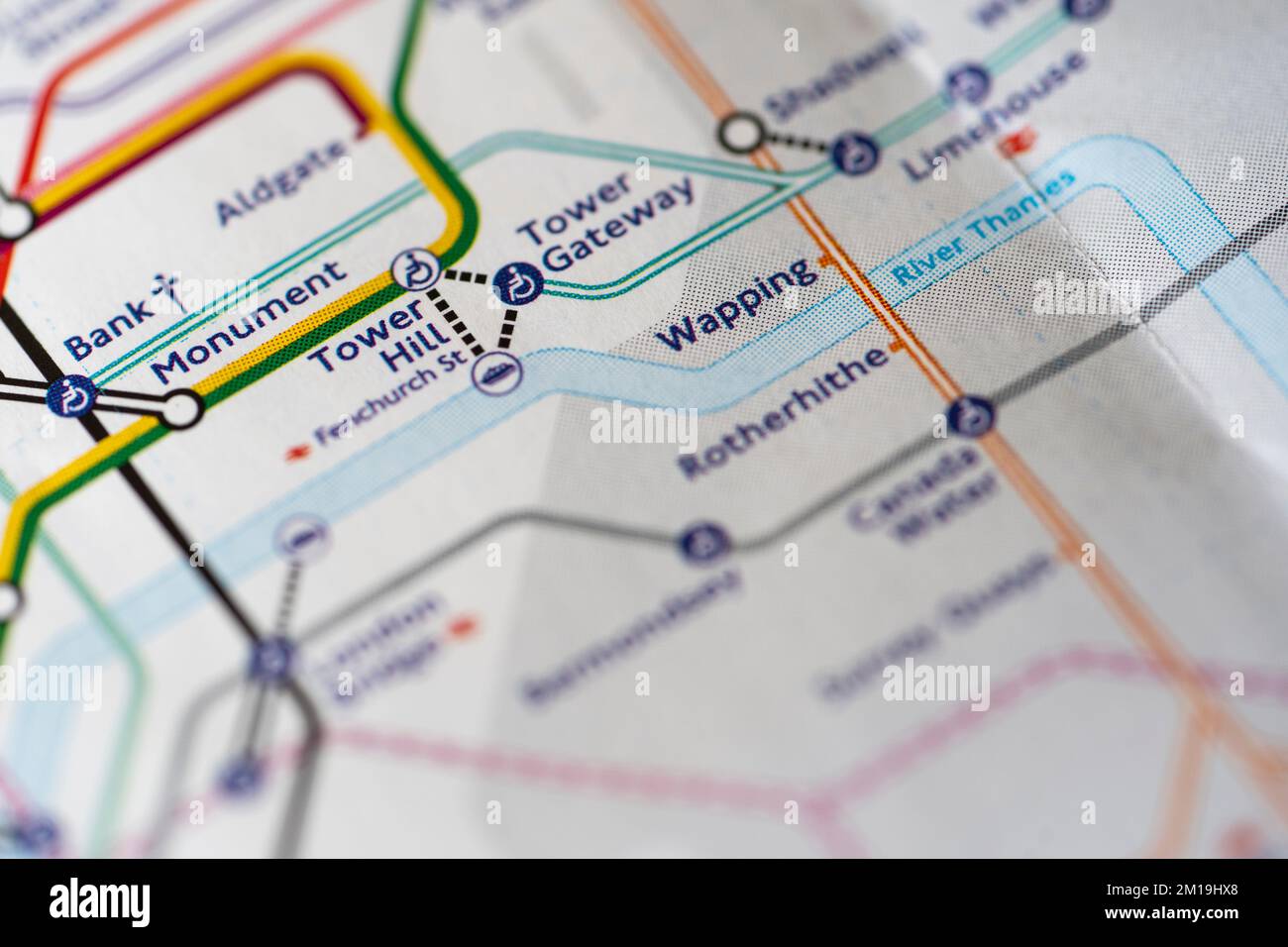 Macro closeup with a shallow depth of field of a London Underground Tube Map showing zones and