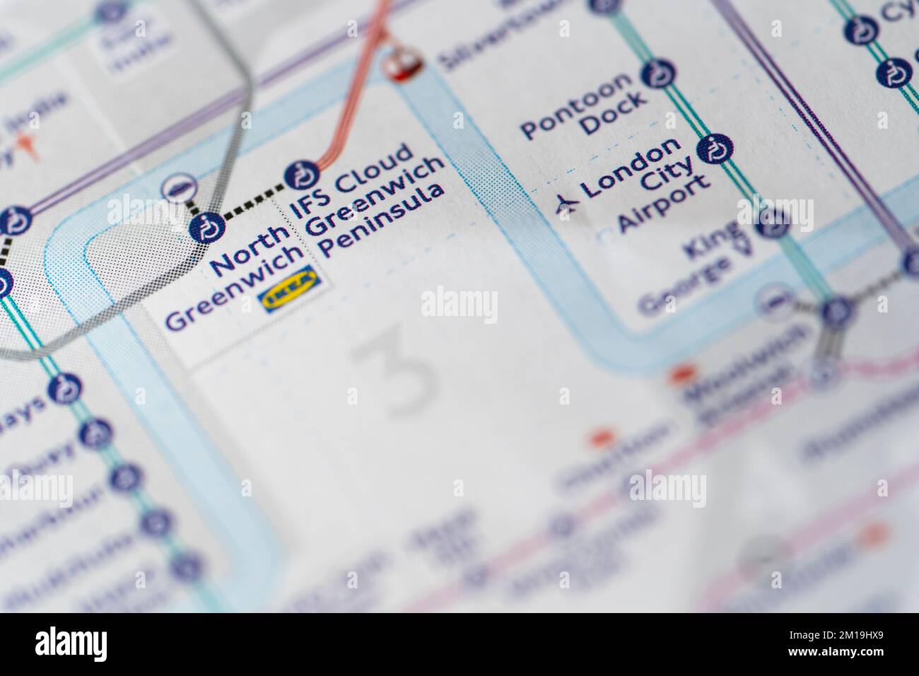 Macro closeup with a shallow depth of field of a London Underground Tube Map showing zones and North Greenwich and IFS Cloud Greenwich Peninsula Stock Photo