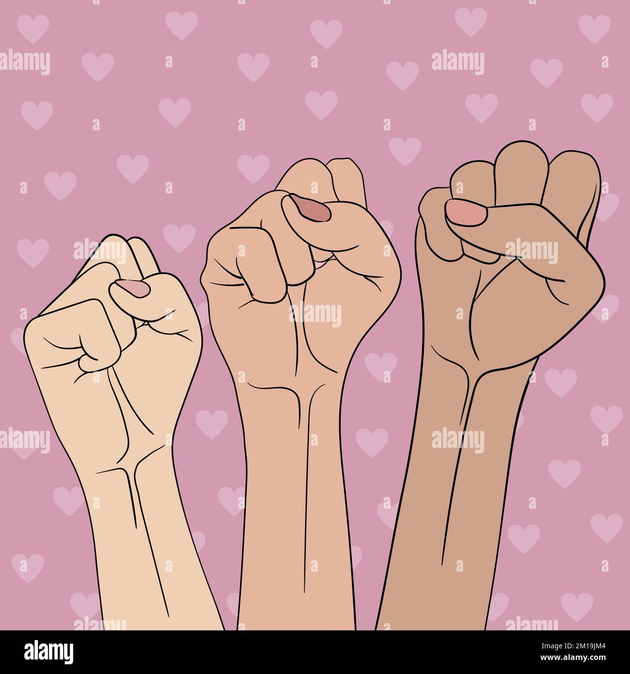 Raised women's fists on pink background with hearts Stock Vector