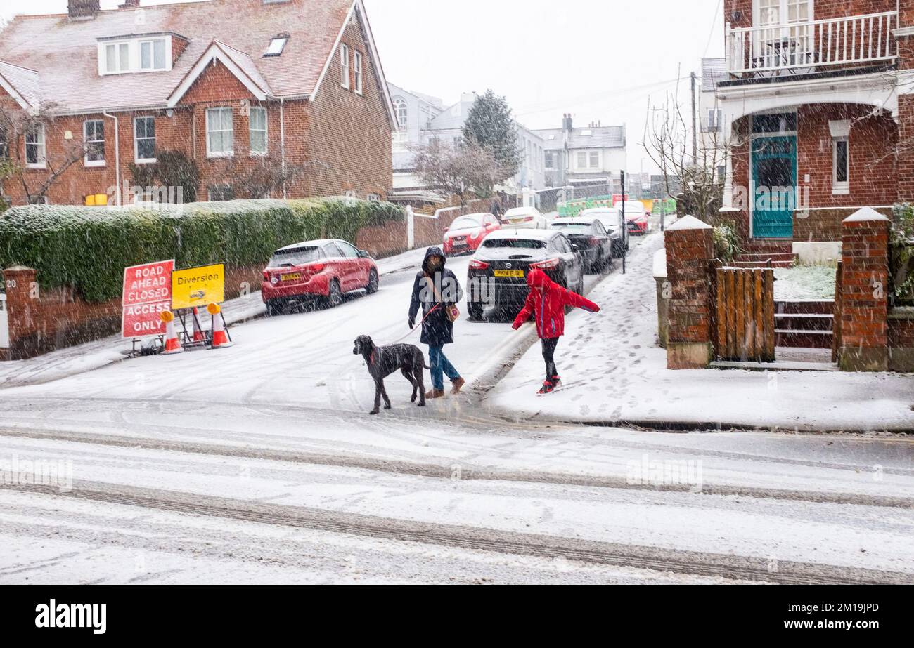 Brighton UK 11th December 2022 - Heavy snow falling in the Queens Park area of Brighton as the cold weather is forecast to last for the next few days throughout Britain . : Credit Simon Dack / Alamy Live News Stock Photo