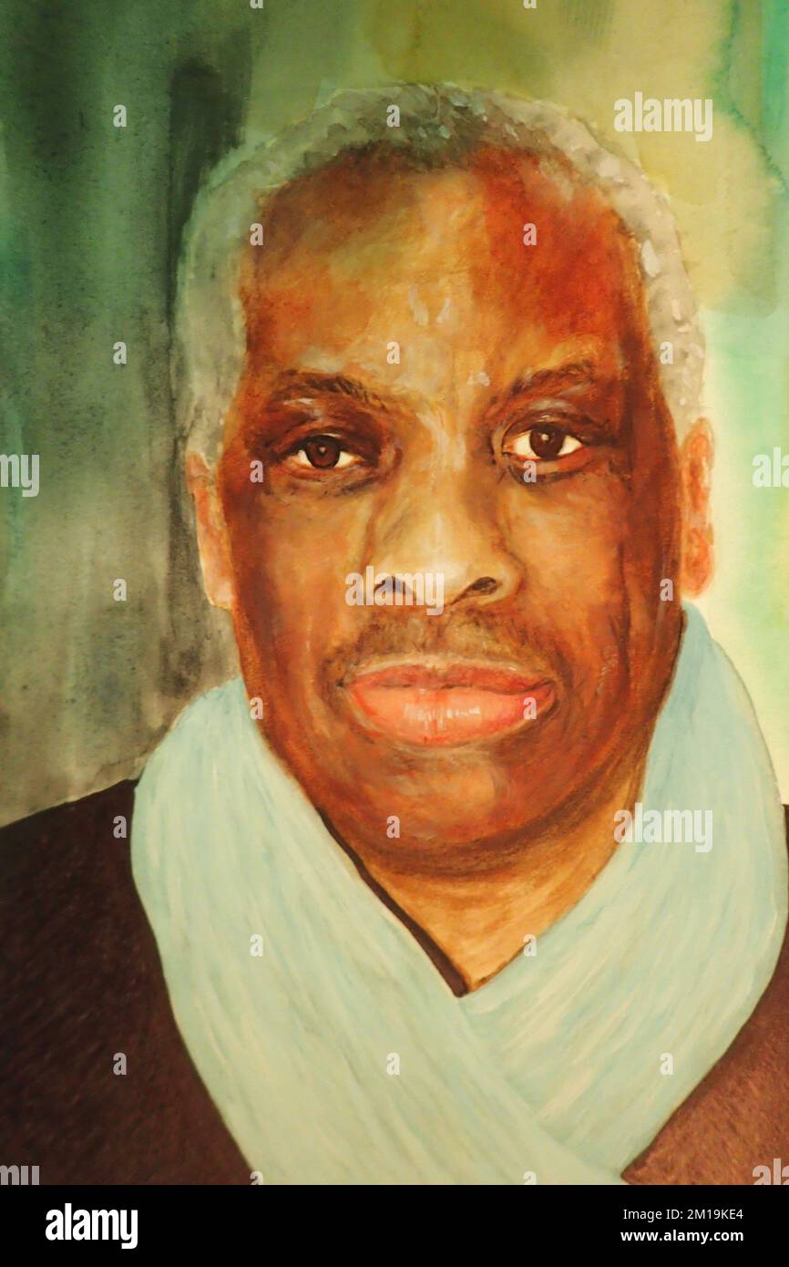 Portrait painting of actor Don Warrington who played the role of Philip Smith a second generation British African from Croydon who lies about his claim to be the son of an African tribal chief and that he is a Prince. This character was much Loved in the British sitcom Rising damp Starring Leonard Rossiter as Rigsby and other excellent actors such as Frances de la Tour and Richard Beckinsale. The title of this portrait is Where are you really from. Stock Photo