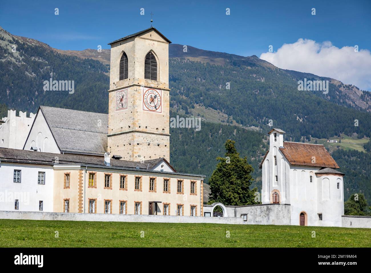 Idyllic landscape of Val mustair village, Engadine, Swiss Alps, Switzerland Stock Photo