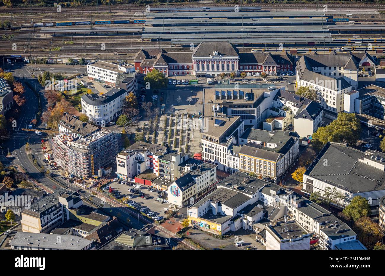 Aerial view, Hamm main station with city and construction site with new ...