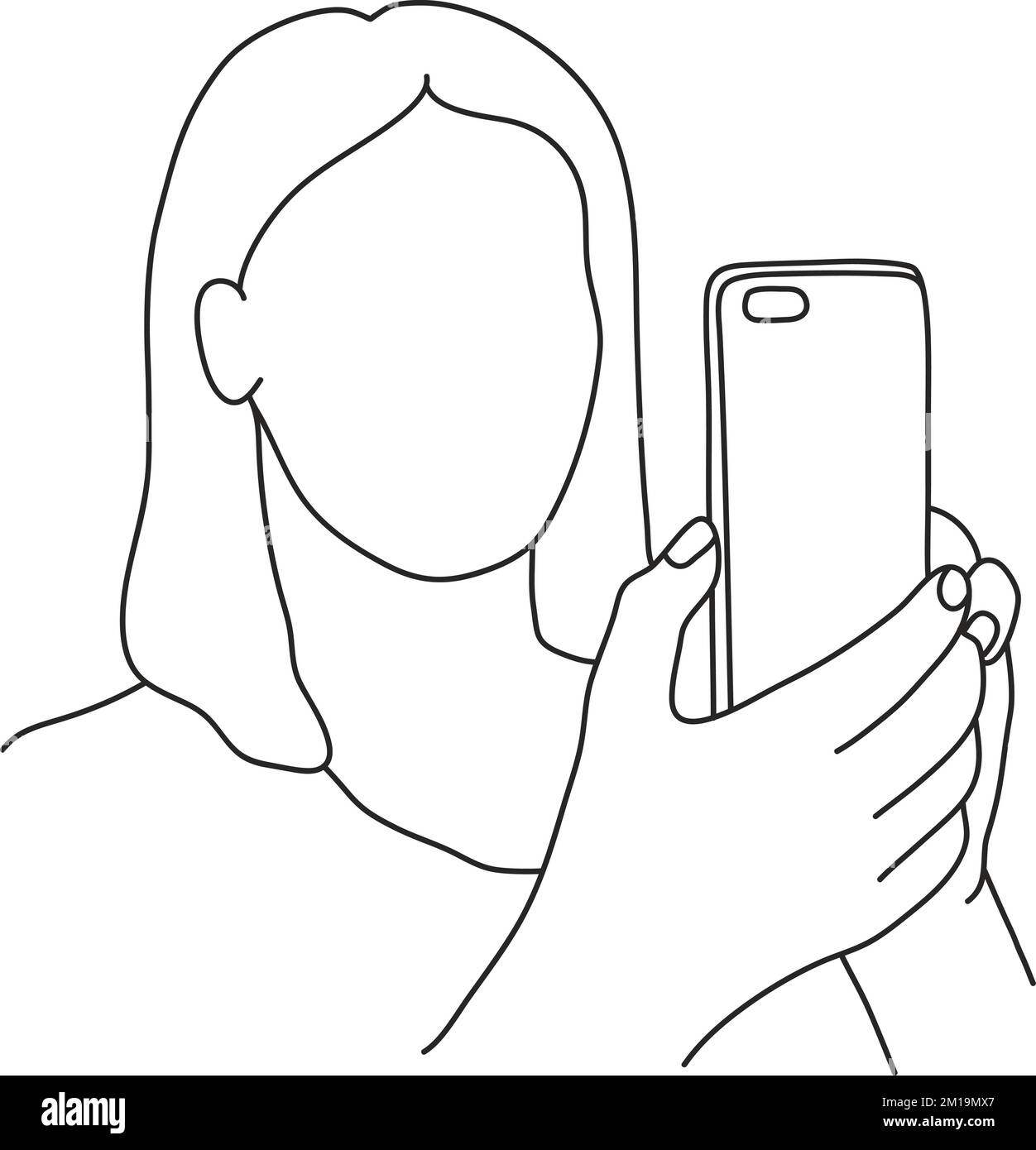 Woman holding the phone. Line art vector drawing. Stock Vector