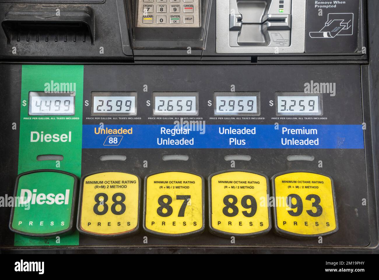 Gas pump in USA showing prices per gallon for diesel, unleaded 88, regular unleaded, unleaded plus and premium unleaded. Photo taken in Louisiana, USA Stock Photo