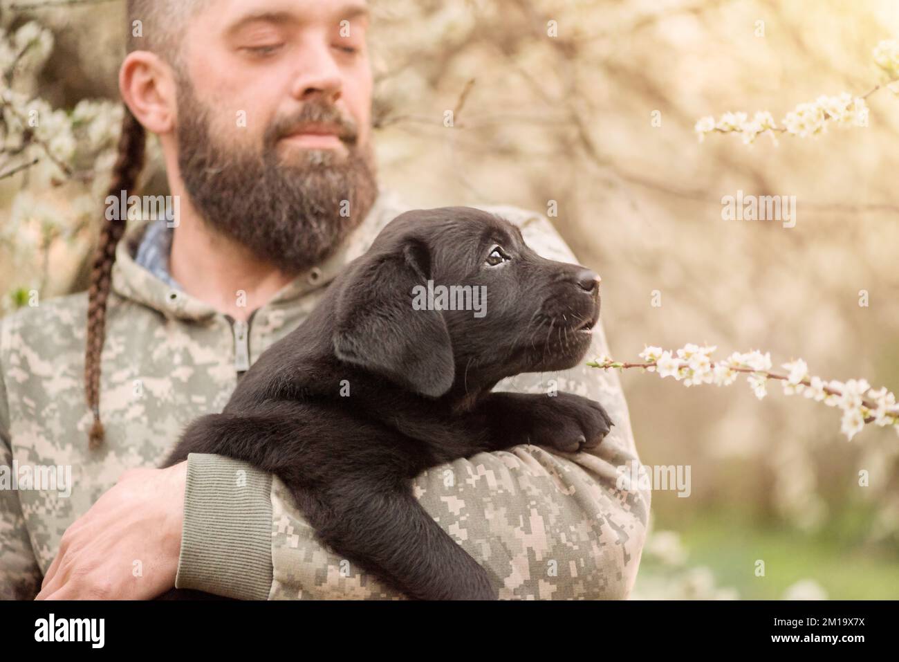 Labrador Man A small black Labrador retriever puppy. A dog in the arms of a bearded ...
