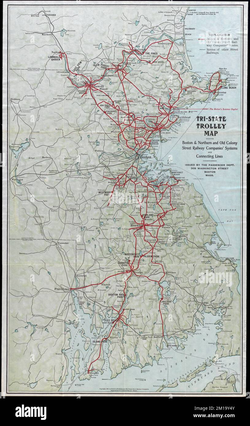 Tri-state trolley map showing Boston & Northern and Old Colony Street Railway Companies' systems and connecting lines , Massachusetts, Maps, New Hampshire, Maps, Rhode Island, Maps, Street-railroads, Massachusetts, Maps, Street-railroads, New Hampshire, Maps, Street-railroads, Rhode Island, Maps, Old Colony Railroad Company, Boston and Northern Street Railway Co. Norman B. Leventhal Map Center Collection Stock Photo
