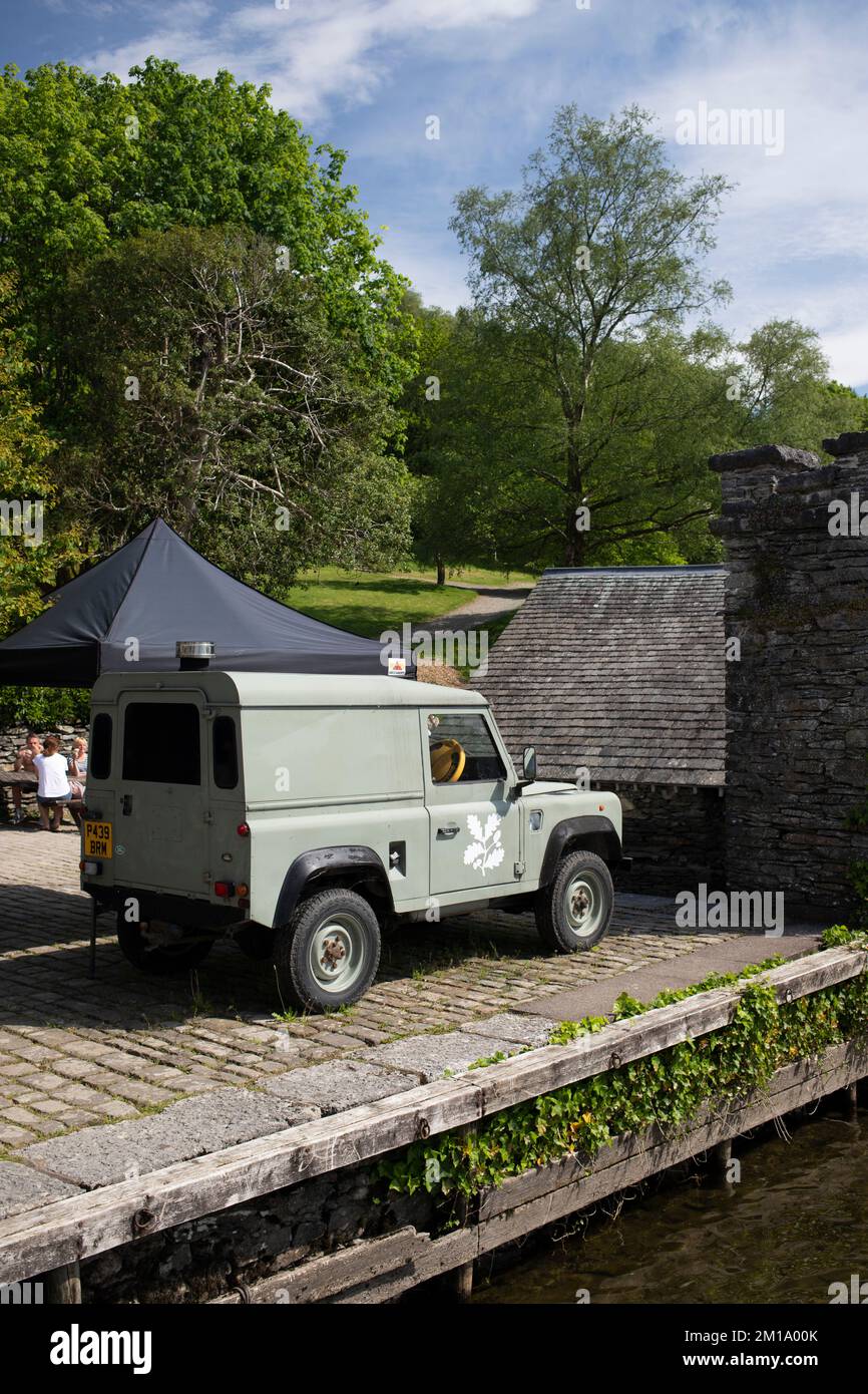 Land Rover Defender at Fell Foot Park, Lake Windermere, Cumbria. Stock Photo