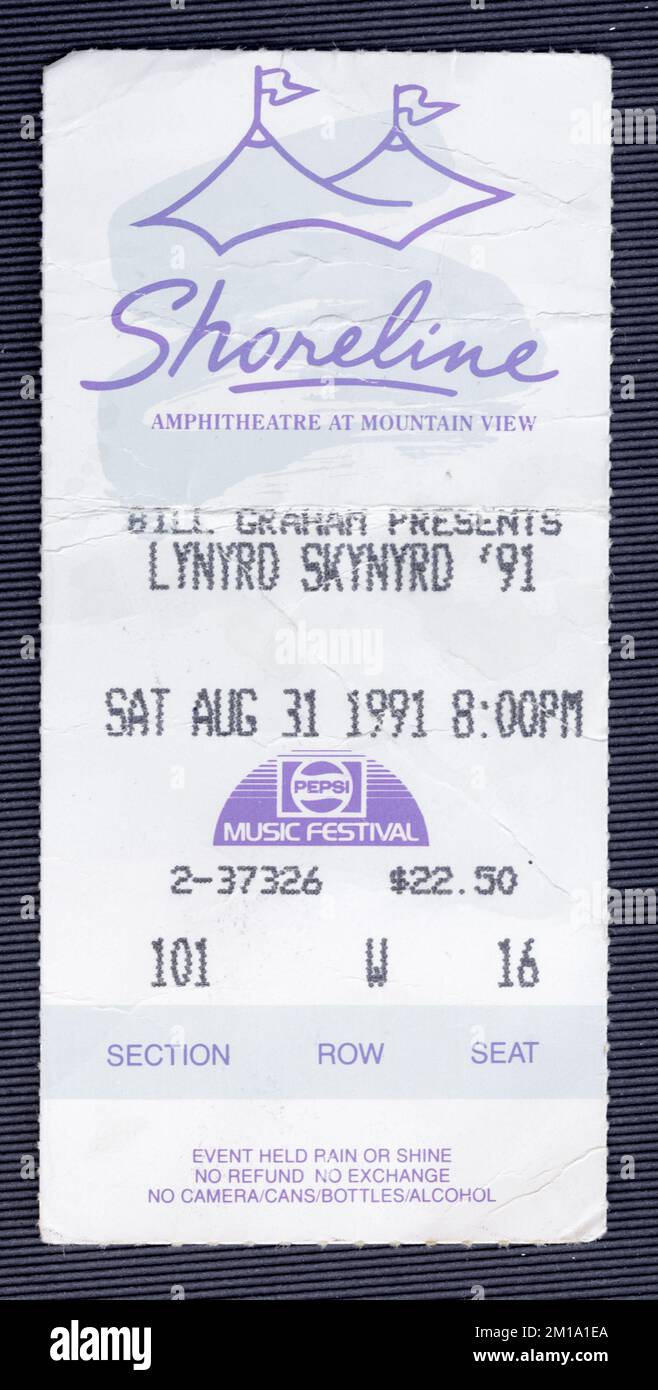 Mountain View, California - August 31, 1991 - Old used ticket for the concert of Lynyrd Skynyrd at Shoreline Amphitheatre Stock Photo