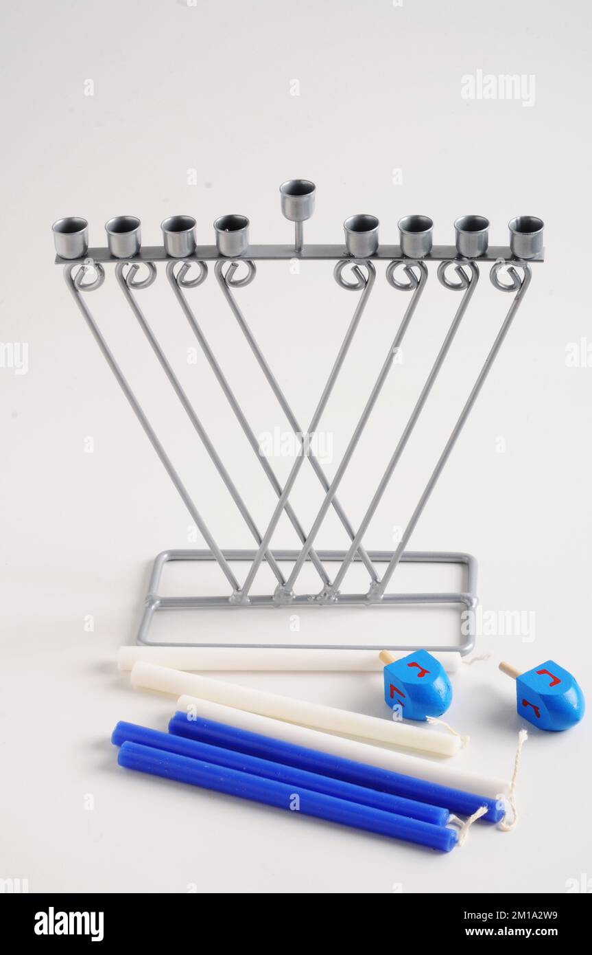 Hanukkah spinning top and candles Traditional Jewish holiday Stock