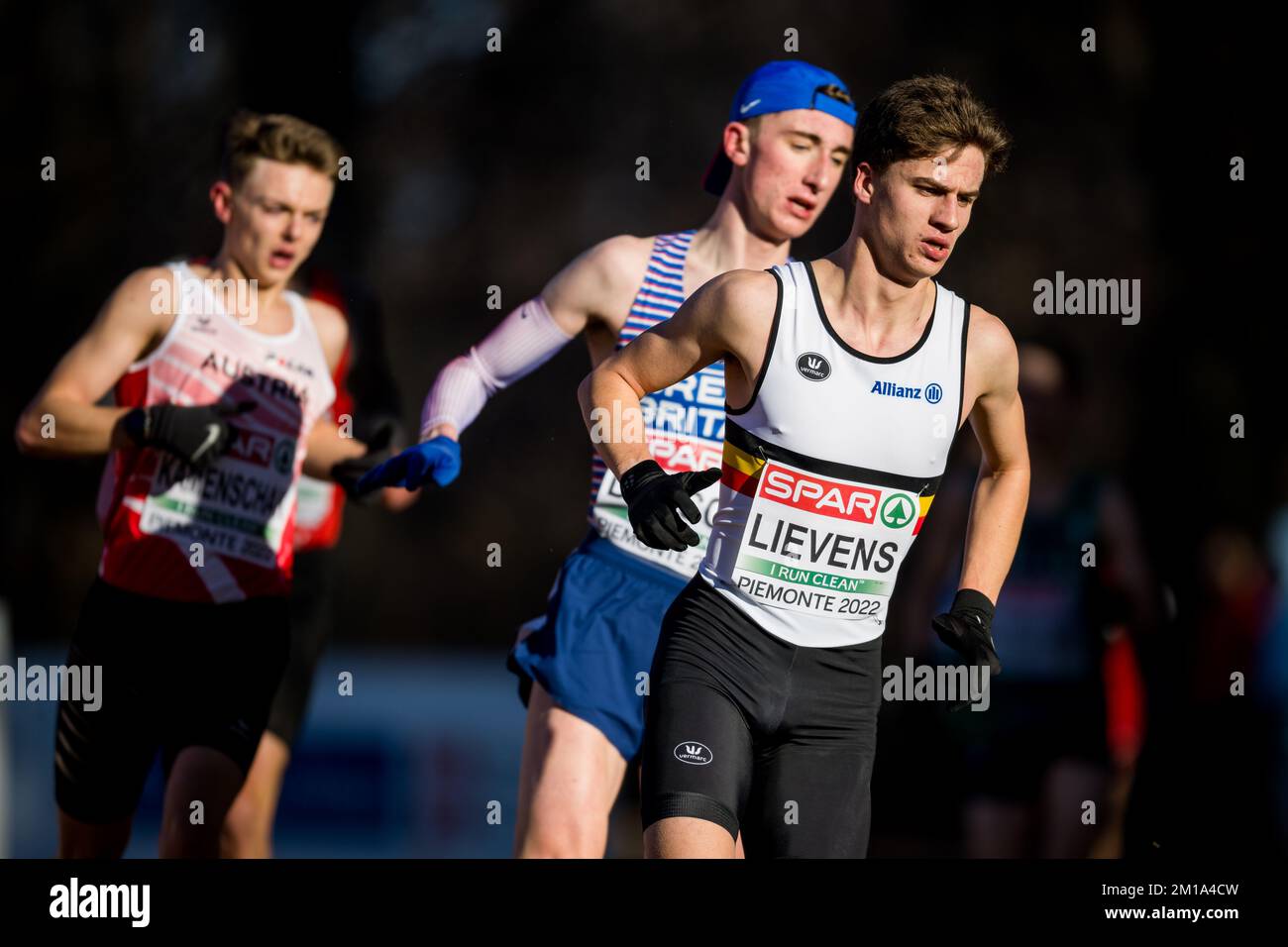 Belgian Mathis Lievens pictured in action during the U20 men's race at the European Cross Country Championships, in Piemonte, Italy, Sunday 11 December 2022. BELGA PHOTO JASPER JACOBS Stock Photo