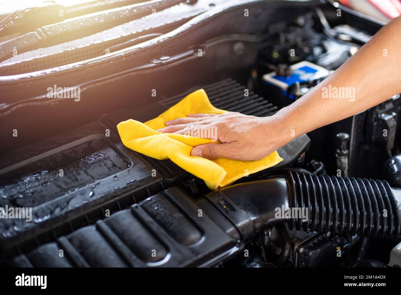 Cleaning the engine bay. Car cleaning and car detailing concept Stock