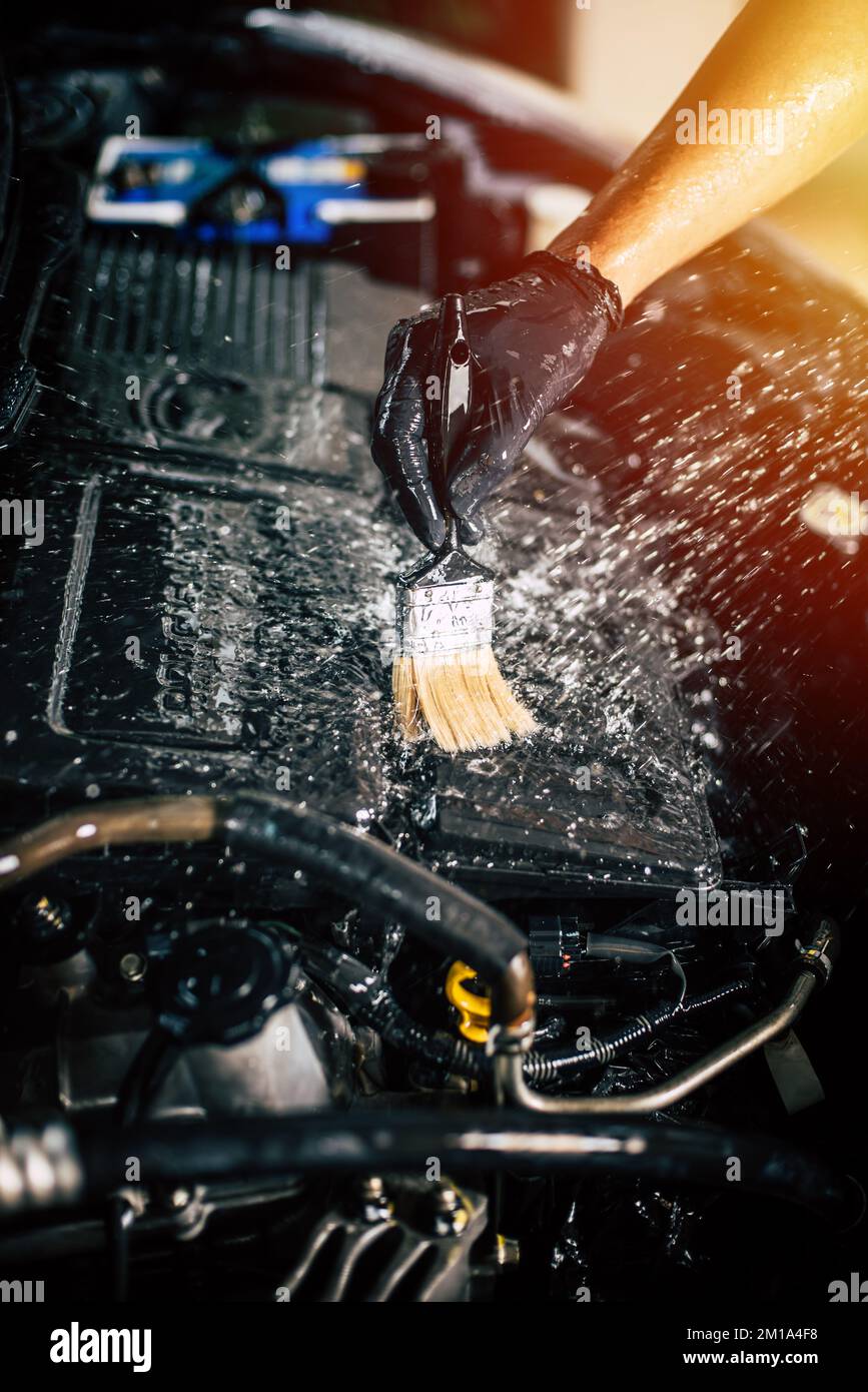 Cleaning the engine bay. Car cleaning and car detailing concept Stock