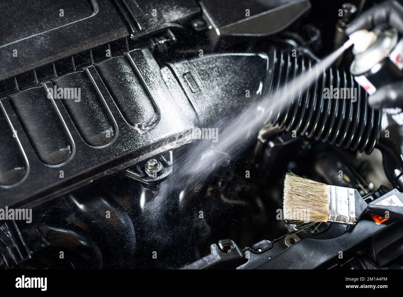 Cleaning the engine bay. Car cleaning and car detailing concept Stock