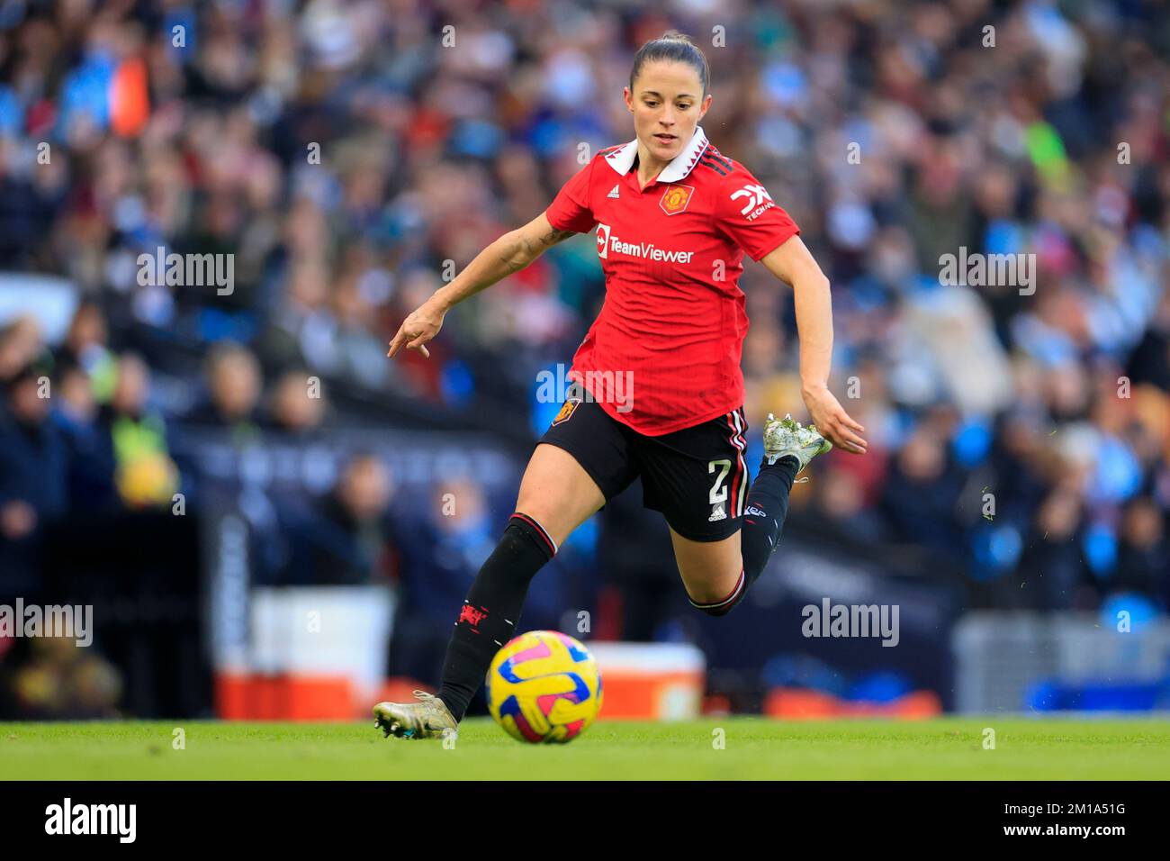 Leigh, UK. 5th February, 2023. Ona Batlle of Manchester United Women  Football Club tussles with Katja Snoeijs of Everton Womens Football Club  during the Barclays FA Women's Super League match between Manchester