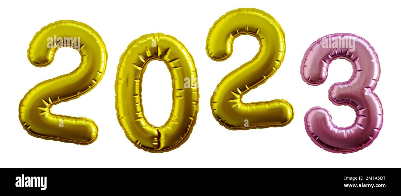 Imitation foil balloons with the number 2023. New Year's celebration. Photo on a white background Stock Photo