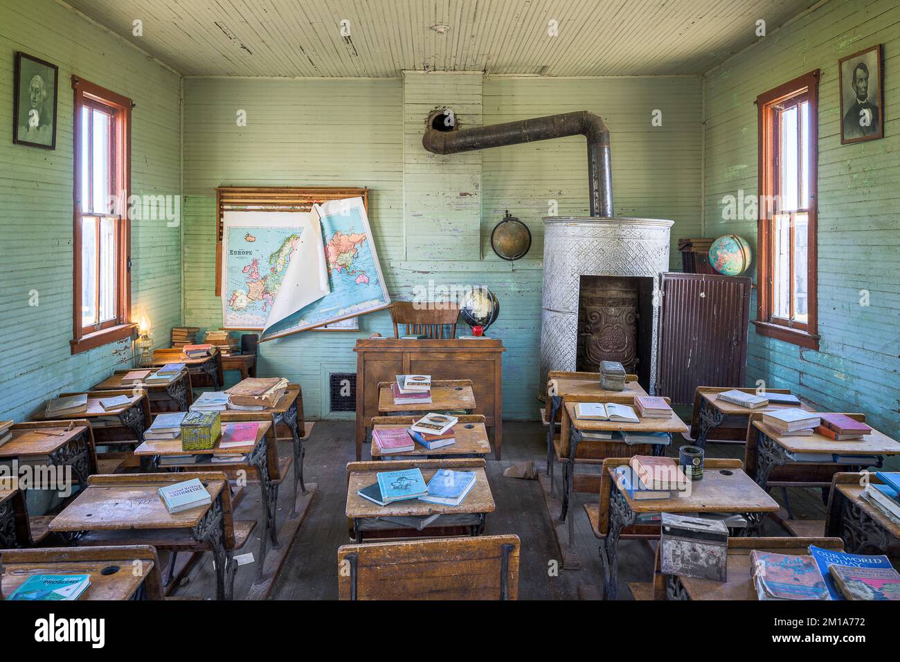 Interior of the one-room schoolhouse at the 1880 Town in Midland, South Dakota Stock Photo