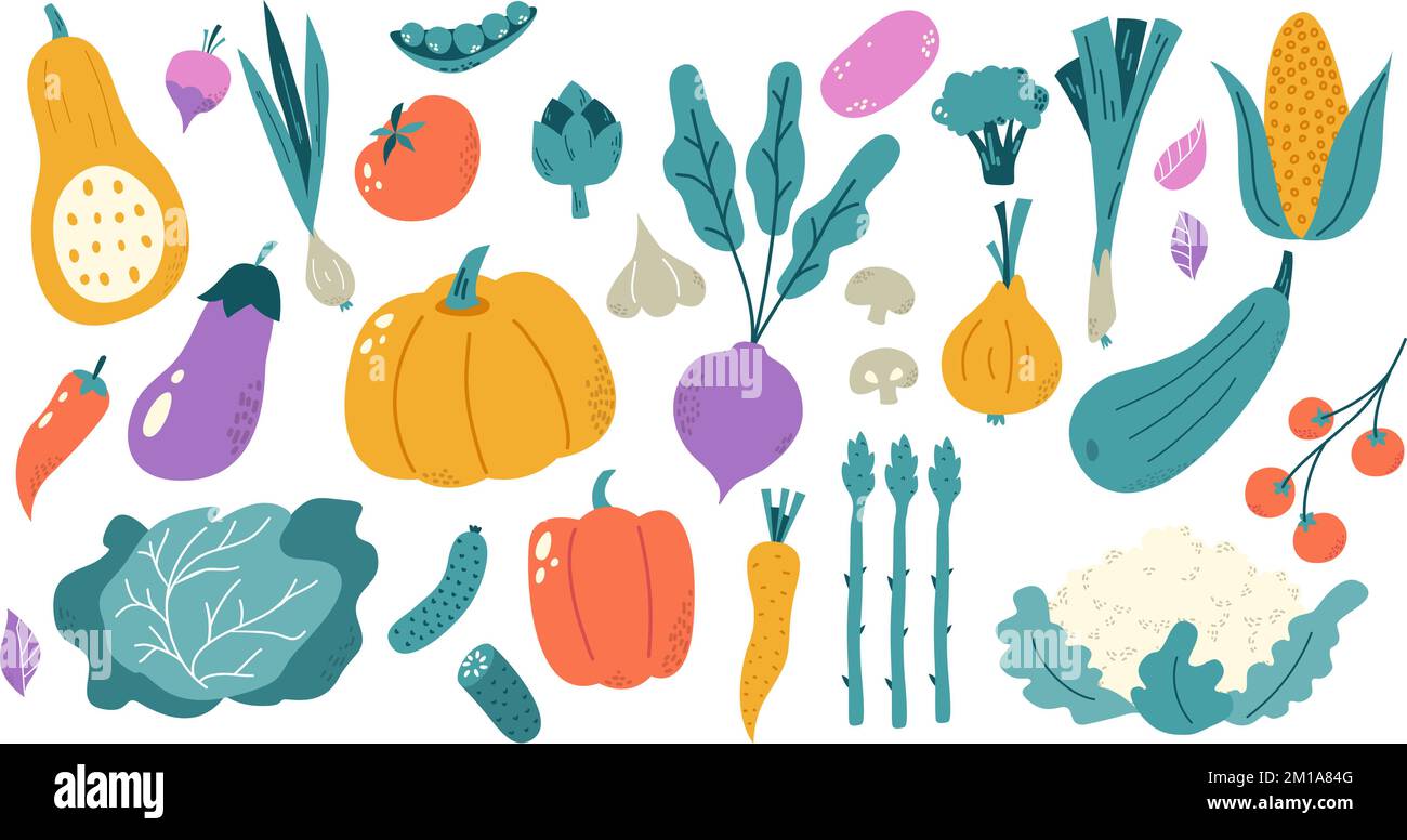 Hand drawn isolated vegetables. Flat vegetable, fresh organic meal ingredients. Market food, cartoon vegetarian raw. Snugly color vector clipart Stock Vector