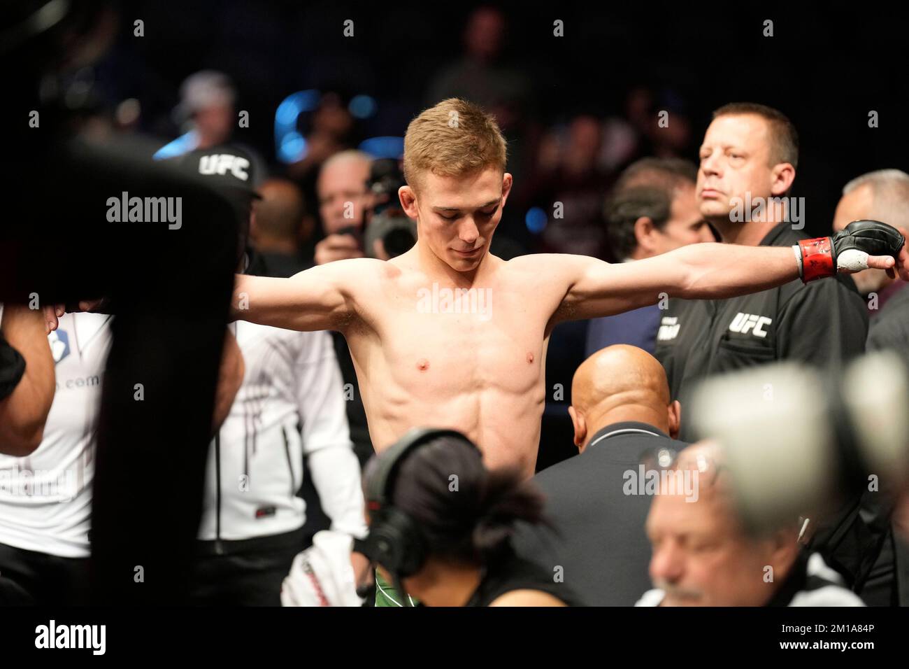 LAS VEGAS, NV - DECEMBER 10: Cameron Saaiman prepares to fight Steven Koslow in their Bantamweight fight during the UFC 282 event at T-Mobile Arena on December 10, 2022 in Las Vegas, Nevada, United States. (Photo by Louis Grasse/PxImages) Stock Photo