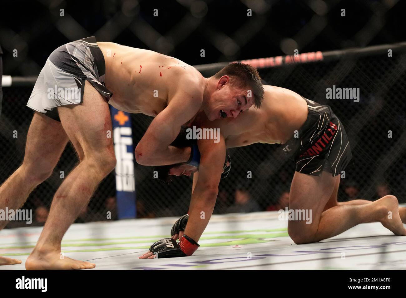 LAS VEGAS, NV - DECEMBER 10: Alexander Hernandez (top) controls the body of Billy Quarantillo in their Featherweight fight during the UFC 282 event at T-Mobile Arena on December 10, 2022 in Las Vegas, Nevada, United States. (Photo by Louis Grasse/PxImages) Stock Photo