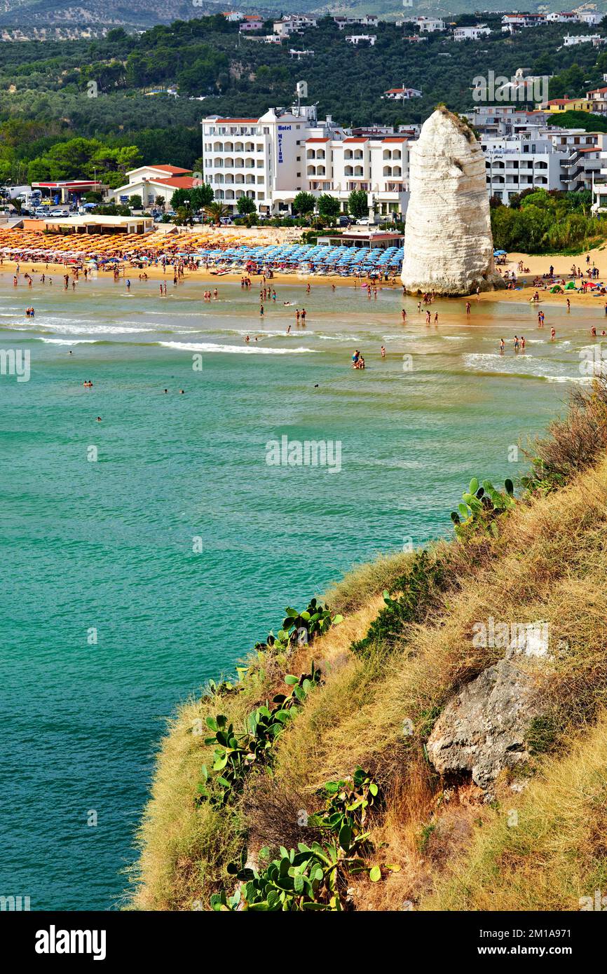 Vieste Gargano. Apulia Puglia Italy. Monolith Pizzomunno and beach Stock Photo
