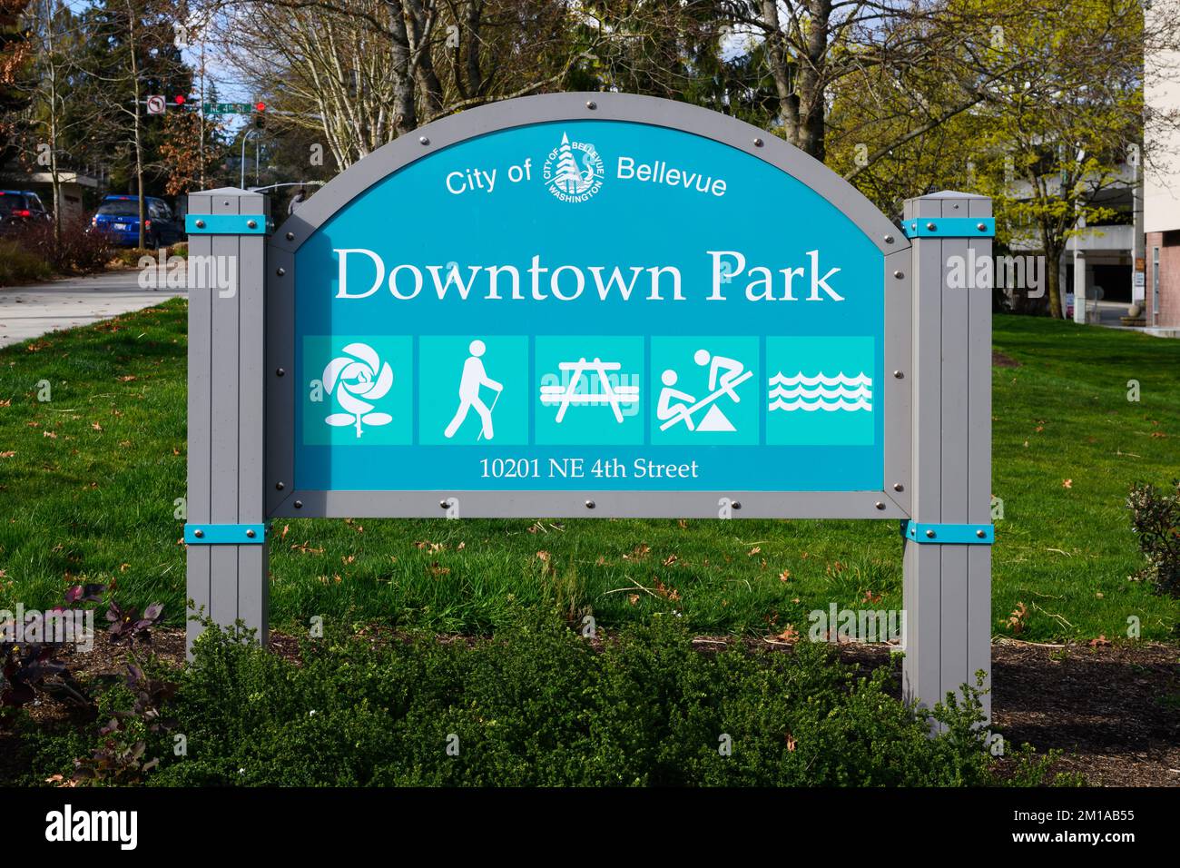 Bellevue, WA, USA March 31, 2022; Sign with activity symbols at Bellevue Downtown Park Stock