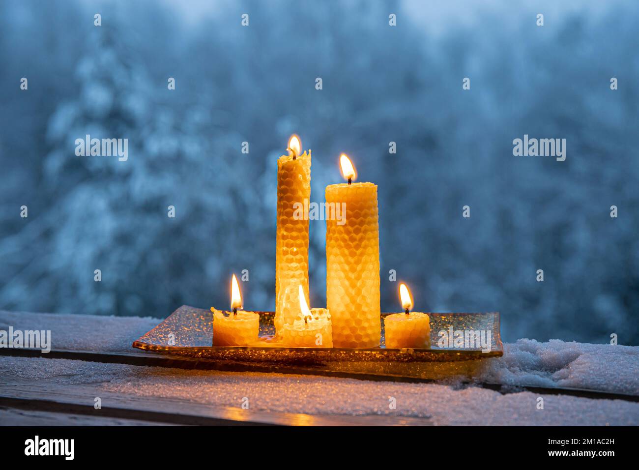 Set of natural rolled beeswax candles from pressed beeswax