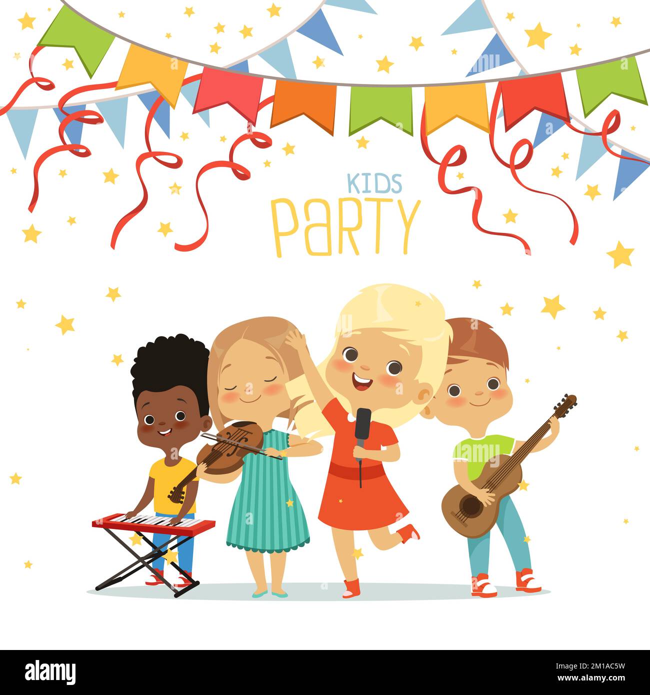 Kids party. children band playing on musical instruments. Vector little people Stock Vector