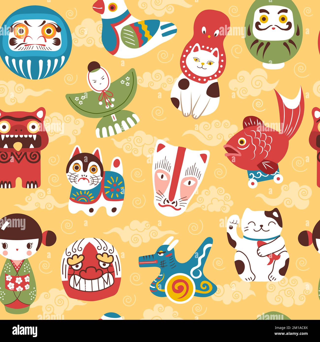 Japanese toys pattern. Lucky and fortune items maneki cat recent vector seamless background Stock Vector