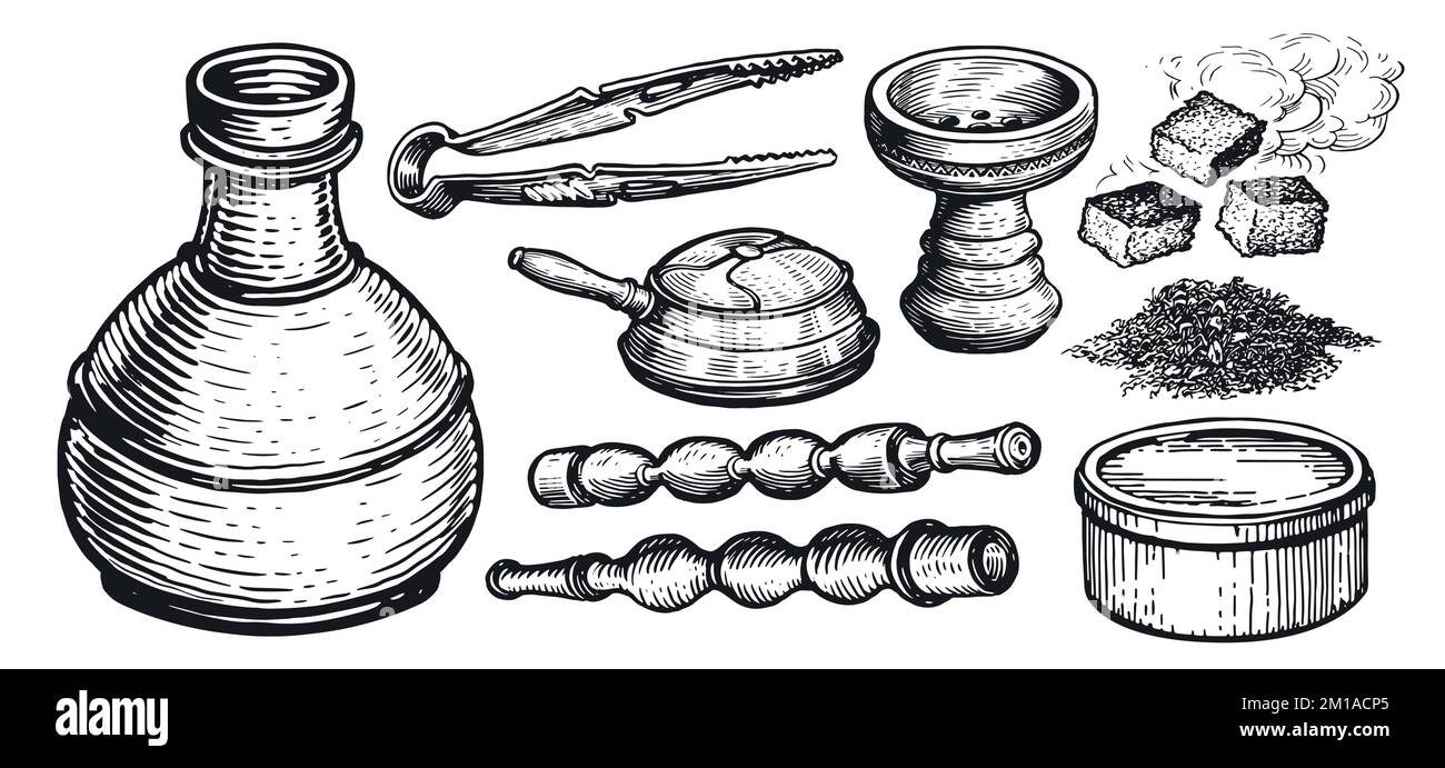 Hookah accessories sketch. Shisha, kaloud, tongs, charcoal, tobacco. Hand drawn vintage vector illustration Stock Vector