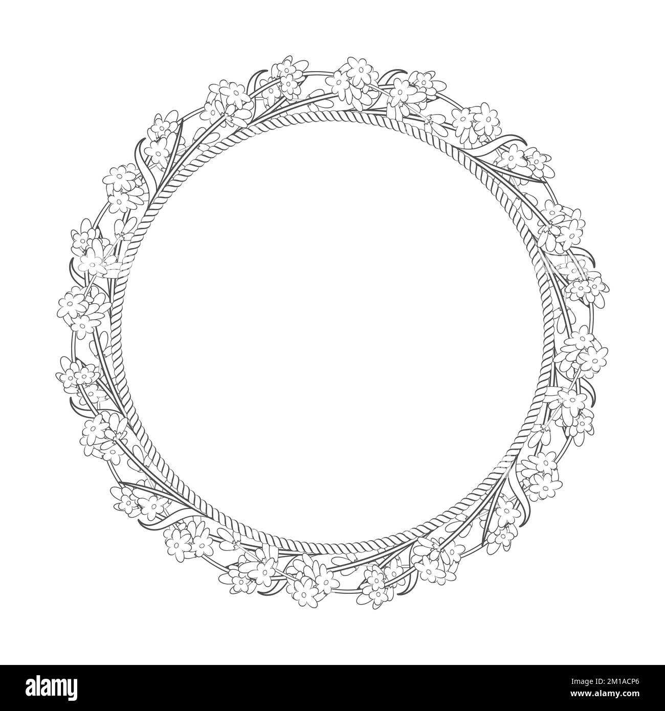 Round frame of rope with branches and flowers of lavender. Black and white vector illustration on a white background. Stock Vector