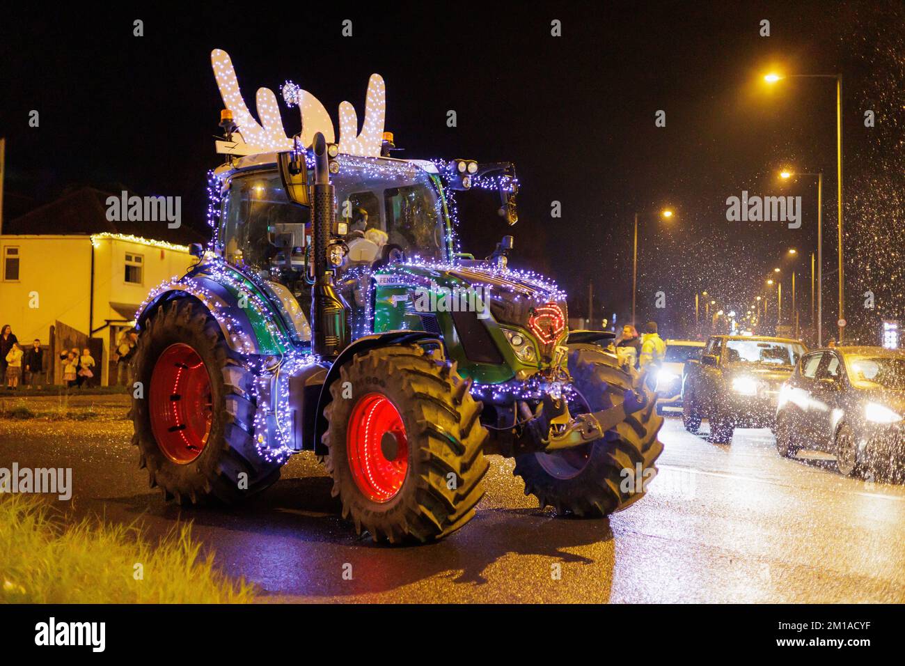 The Christmas Tractor run through North Warwickshire, England. Over