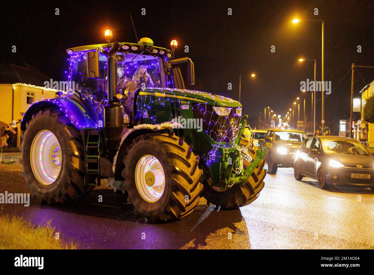 The Christmas Tractor run through North Warwickshire, England. Over