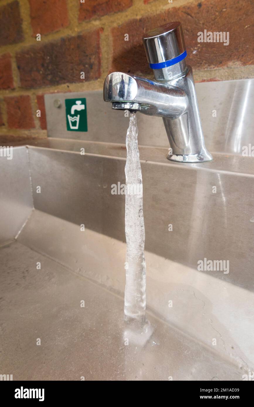 Ice column extending from a frozen tap drip so that ice is formed from