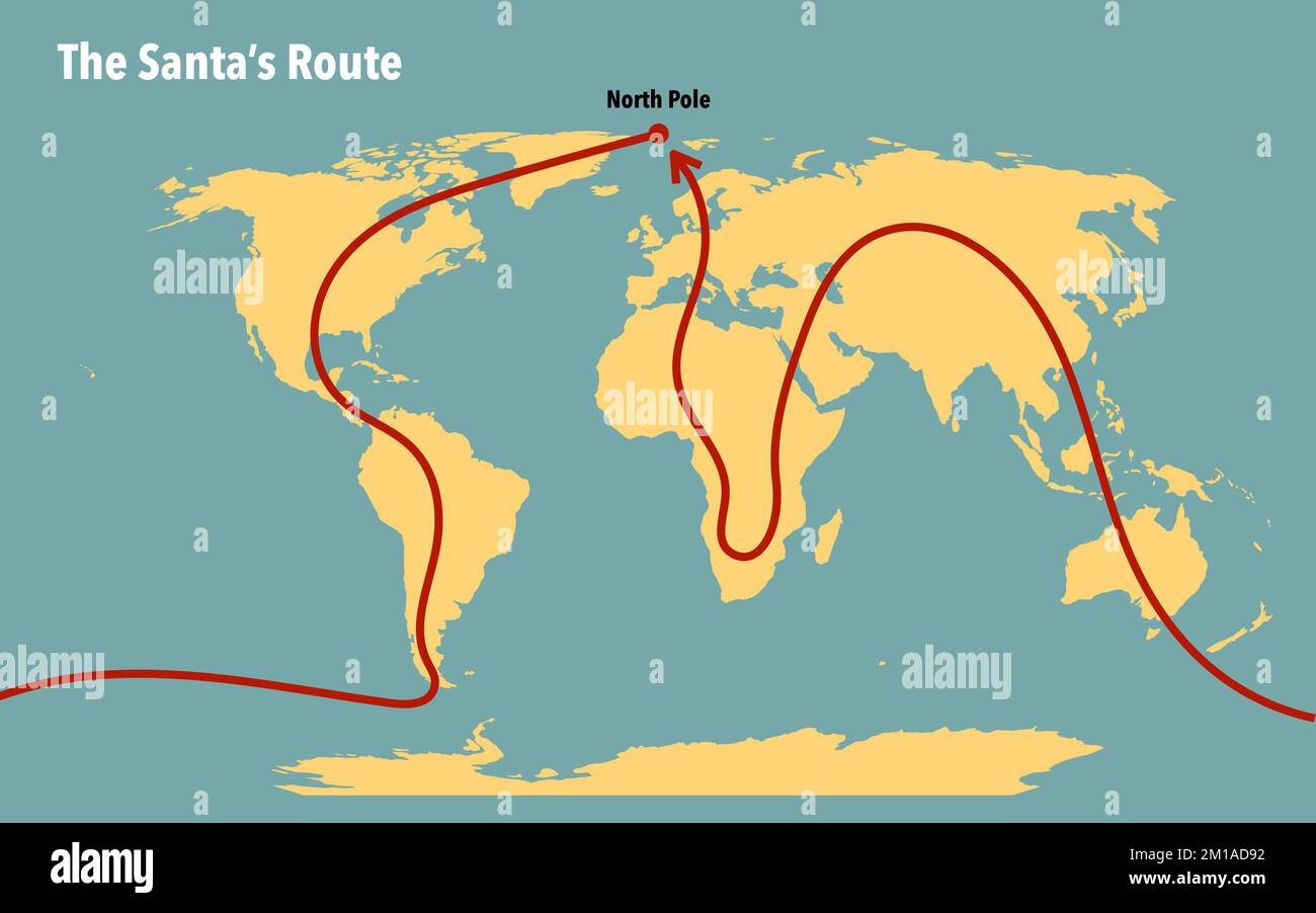The Santa's route map to deliver presents to the children Stock Photo