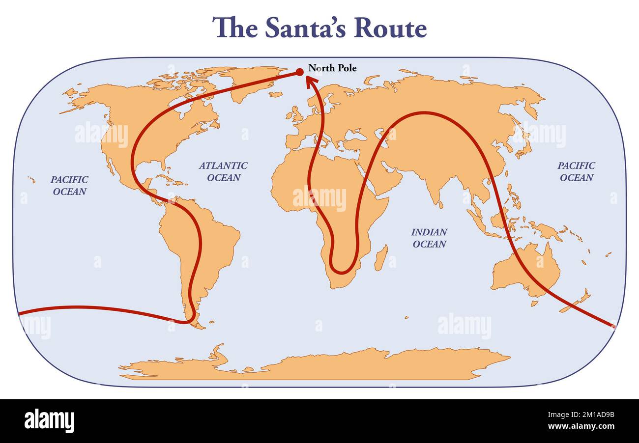The Santa's route map to deliver presents to the children Stock Photo