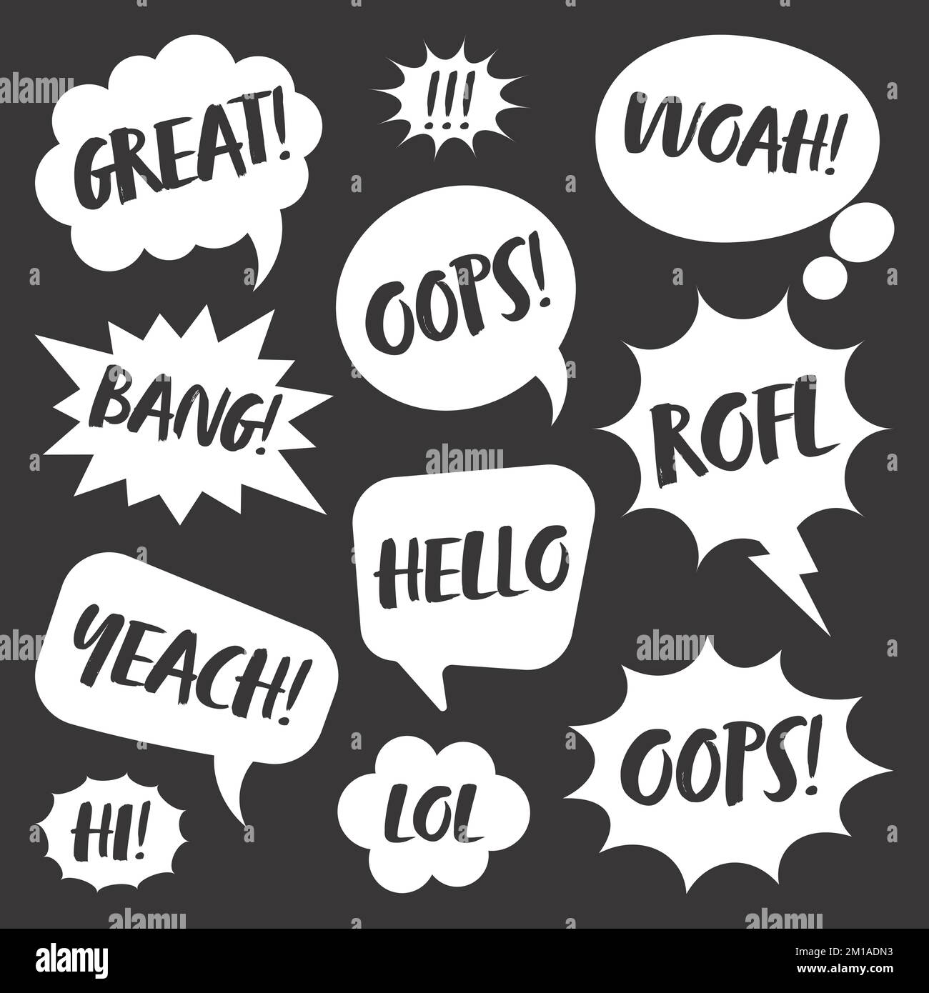 White comic speech bubbles with handwritten text on dark background ...