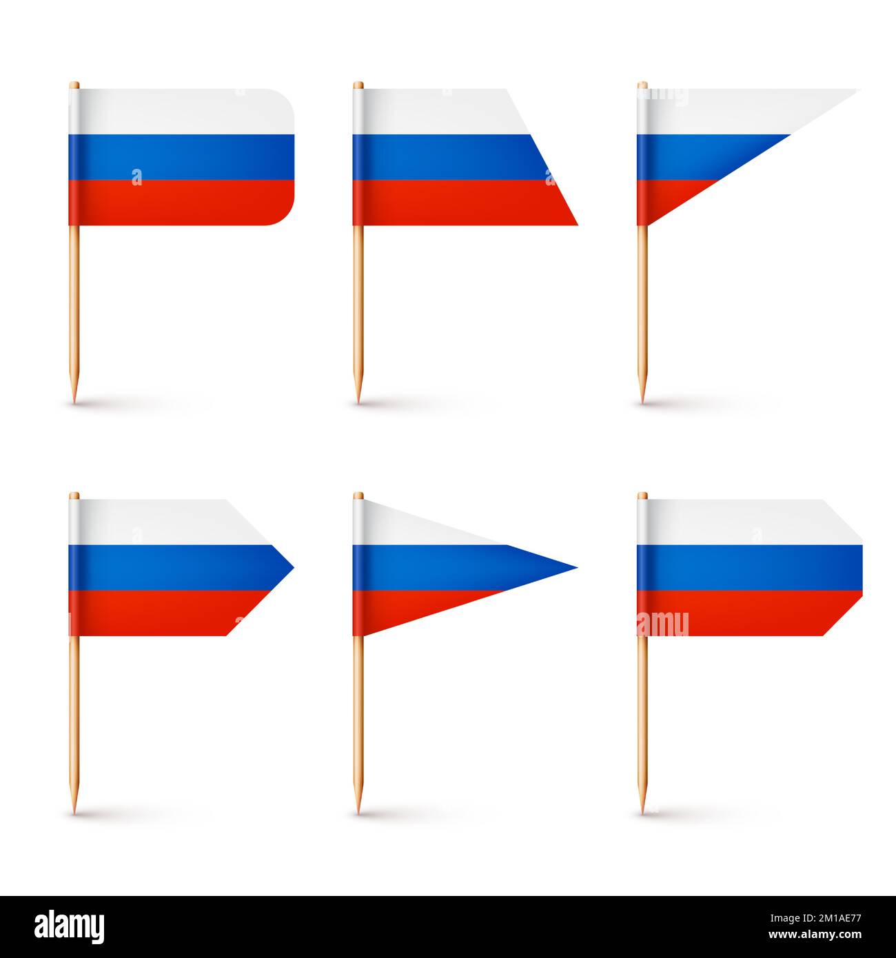 Realistic various Russian toothpick flags. Souvenir from Russia. Wooden