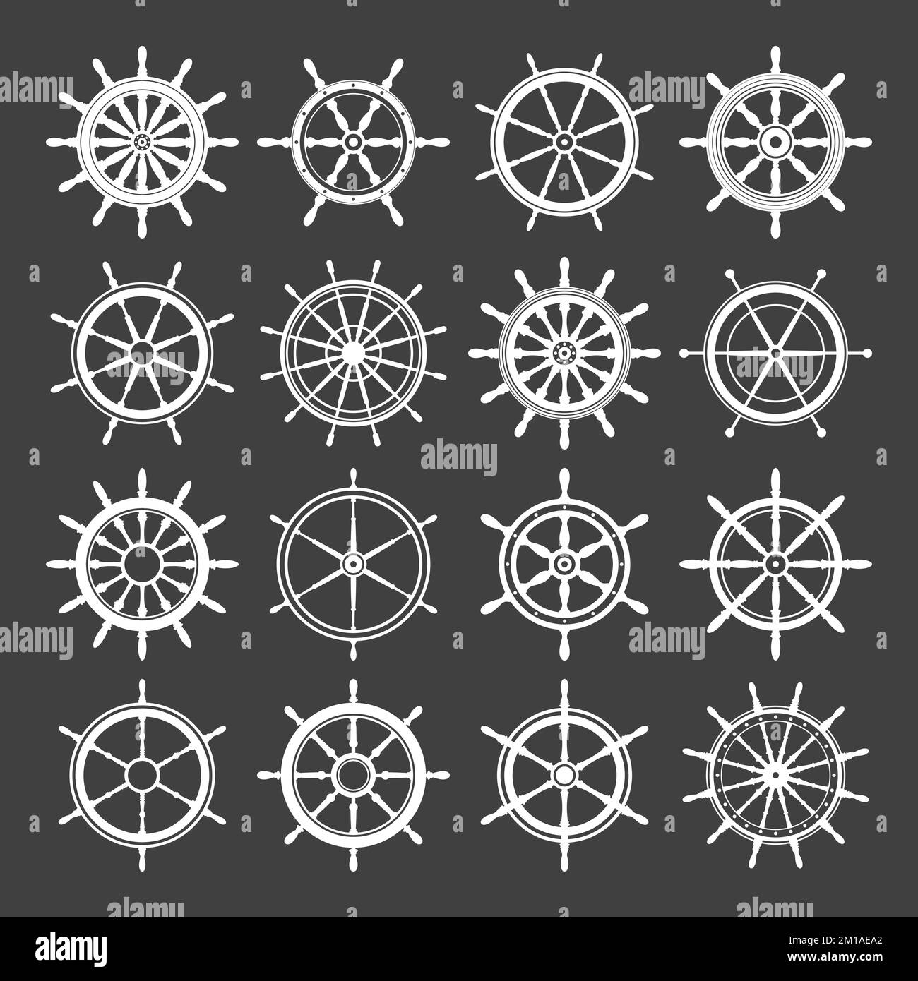 Collection of white vintage steering wheels. Ship, yacht retro wheel ...
