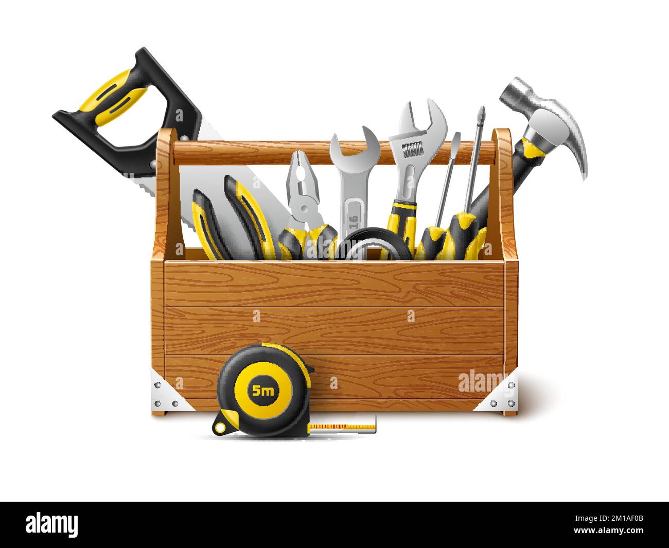 Realistic tool box. Wooden chest with different repairman instrument