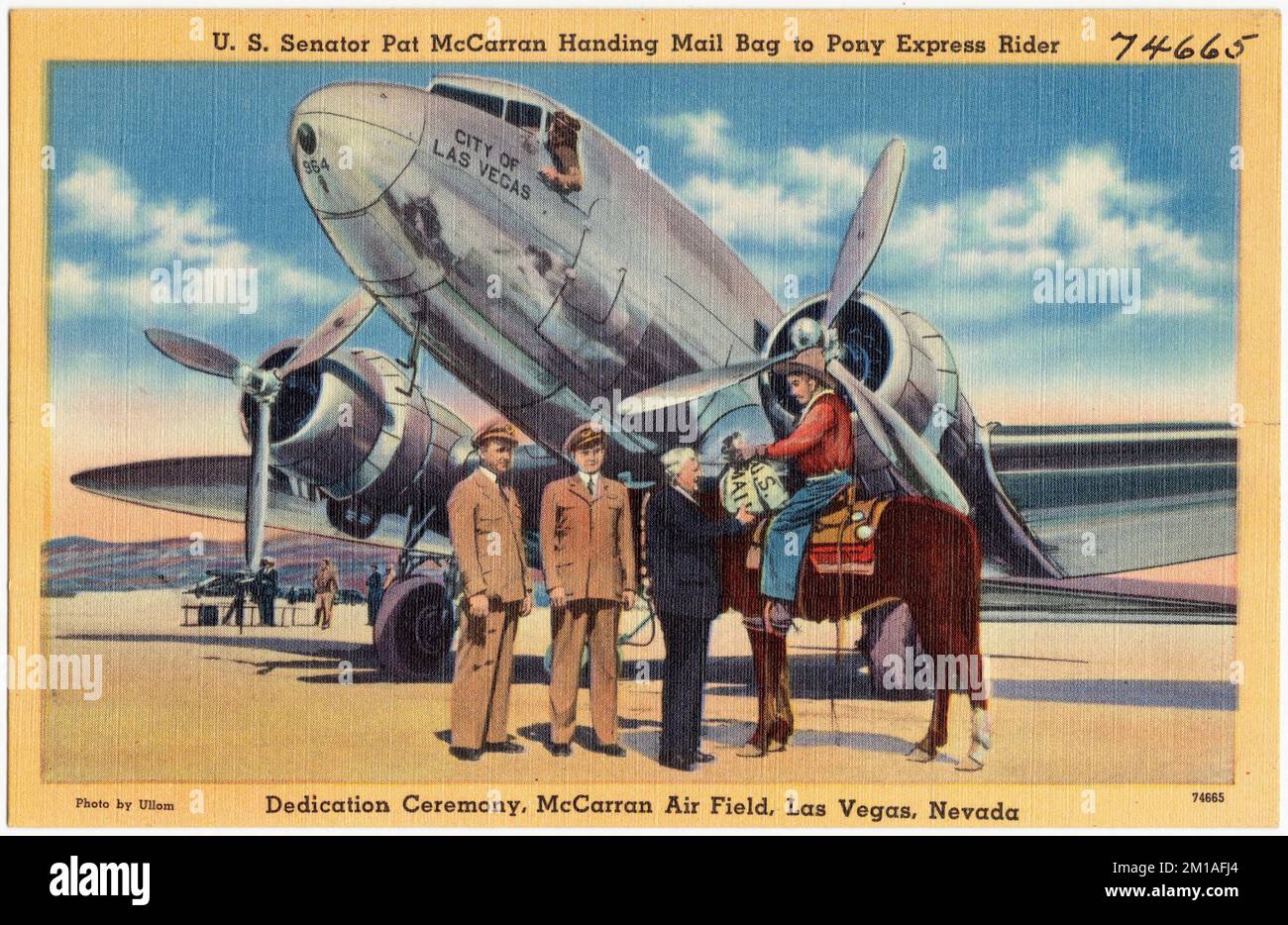 U.S. Senator Pat McCarran handing mail bag to Pony Express rider, Dedication Ceremony, McCarran Air Field, Las Vegas, Nevada , Airports, Tichnor Brothers Collection, postcards of the United States Stock Photo