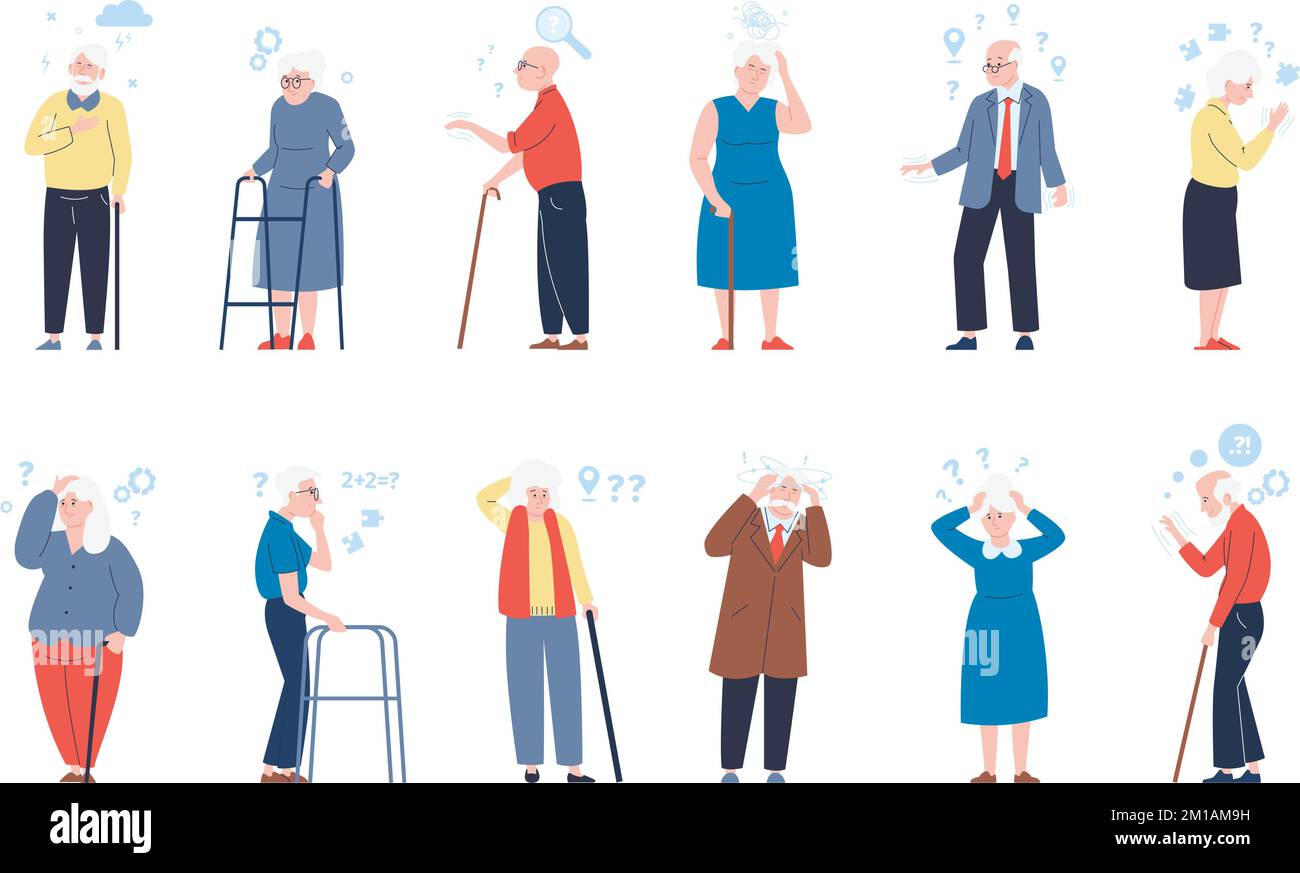 Elderly characters, seniors with dementia symptoms. Alzheimer illness, memory problems and treatment. Ageing disease recent vector flat people Stock Vector