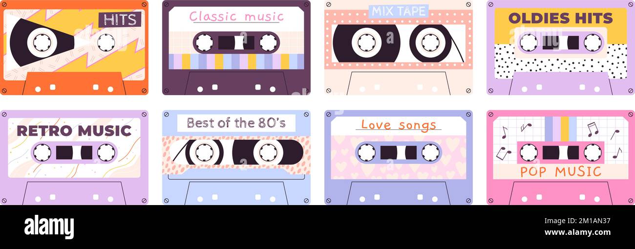 Retro style audio tapes. Isolated mixtape, stereo devices cassetes cartoon style. 90s 80s music player elements, analogue sound tape racy vector Stock Vector
